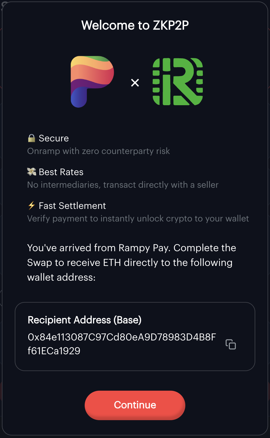 Integration modal that user sees upon landing on zkp2p